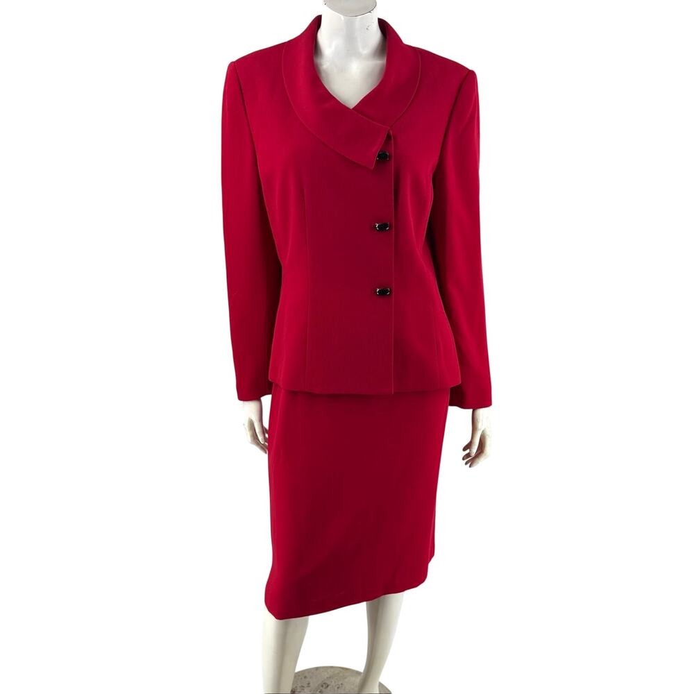 VTG 90s Le Suit Womens Blazer Jacket & Skirt Set Crimson Red High Waist Size 14